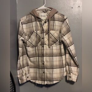 Wallflower Cream and Brown Plaid Hooded Button-Up Shirt